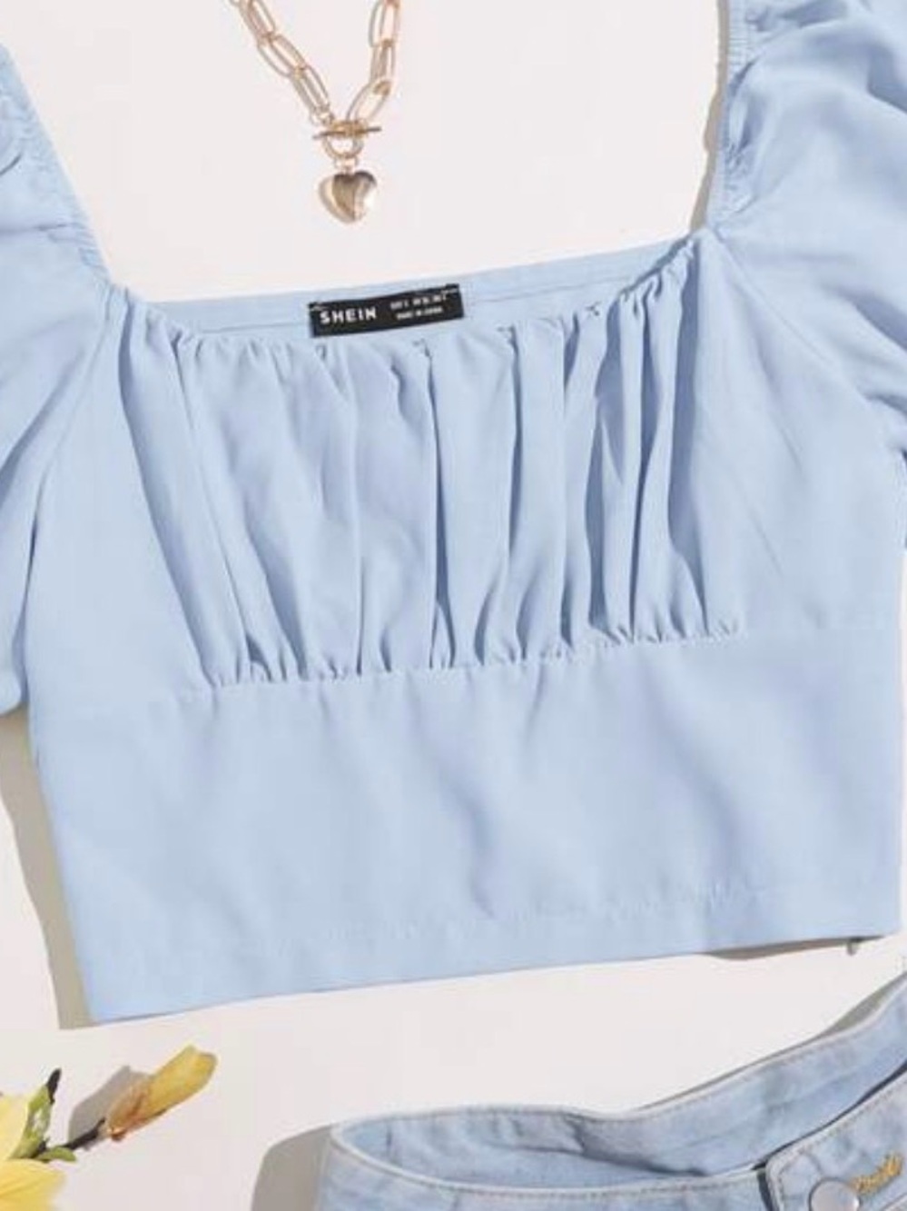 SHEIN Pastel Blue Square Neck Puff-Sleeve Crop Top